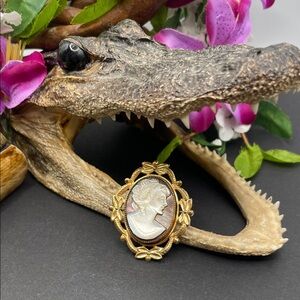 Mother of Pearl and Abalone carved shell cameo brooch